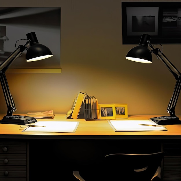 A modern office interior with a desk and a lamp