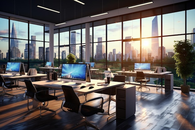 Modern office interior with desks computers