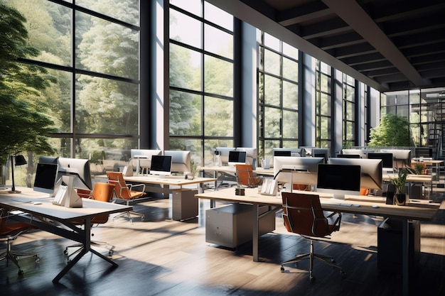 Modern office interior with desks computers