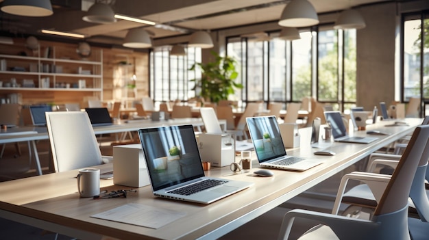 Modern office interior with empty desks and chairs