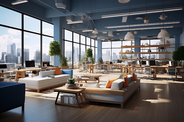 Modern office interior with furniture and city view 3D Rendering