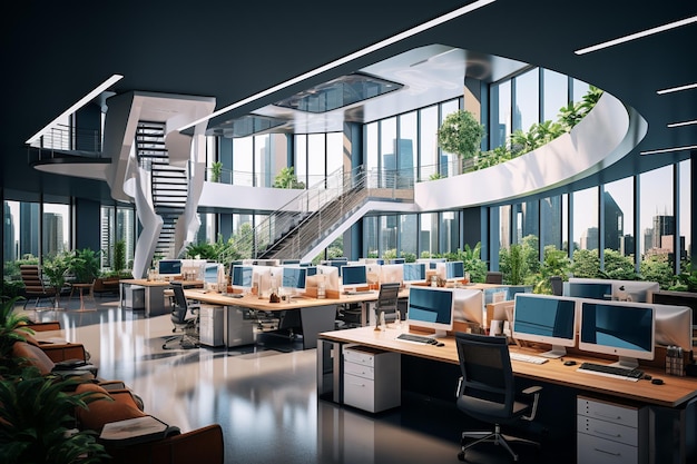 Modern office interior with furniture and city view 3D Rendering