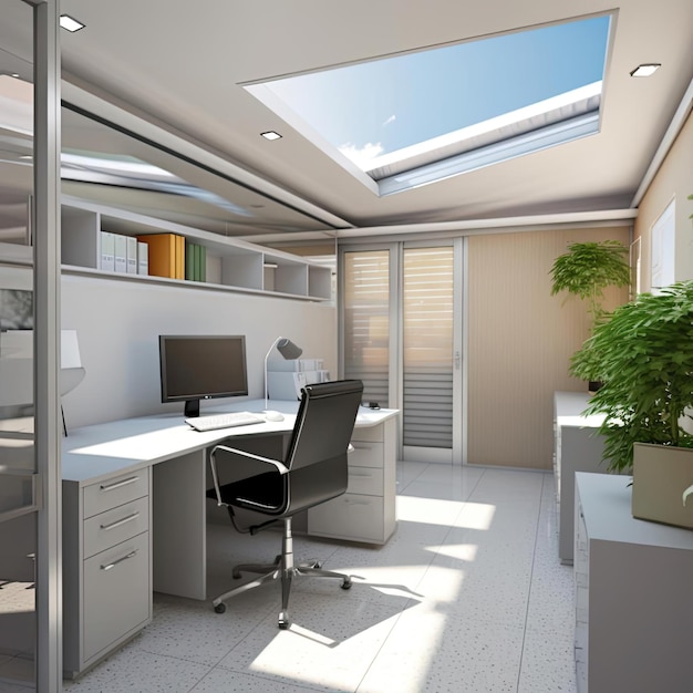 A modern office interior with a large window 3D render