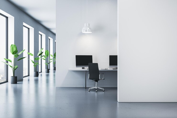 Photo modern office interior with large windows and plants 3d rendering