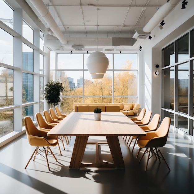 Modern office interior with large windows and a wooden conference table