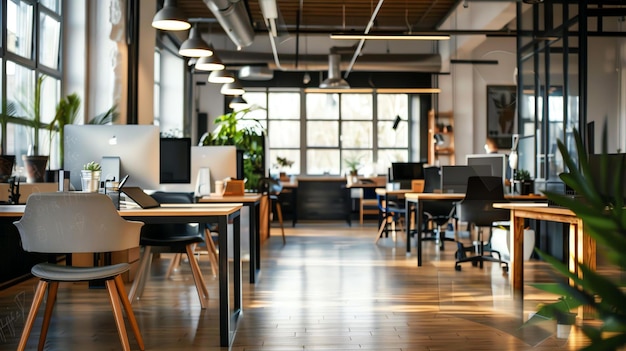 Modern office interior with large windows wooden floors and stylish furniture There are several workstations with computers and plants