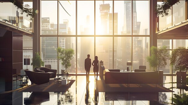 Modern office interior with people working and sitting by windows