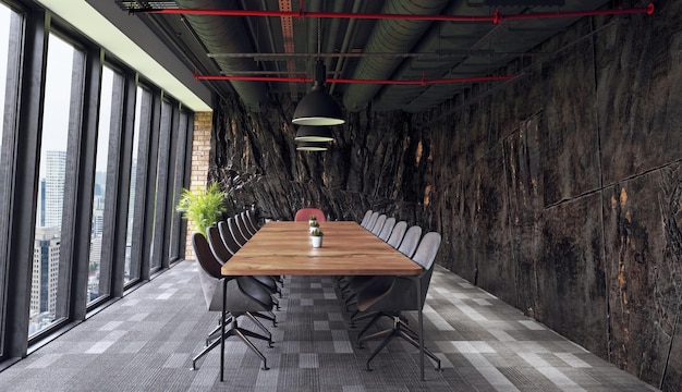 modern office interior with rock feature 3d rendering