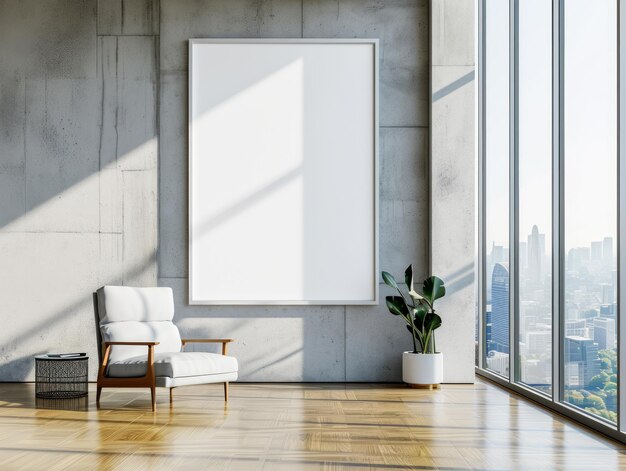 Modern office interior with a white armchair a blank poster on a concrete wall large windows with a city view and a plant in a pot Ai generative