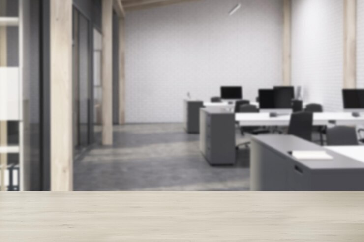 Photo modern office interior with white brick walls, a concrete floor and rows of gray computer desks. 3d rendering mock up blurred