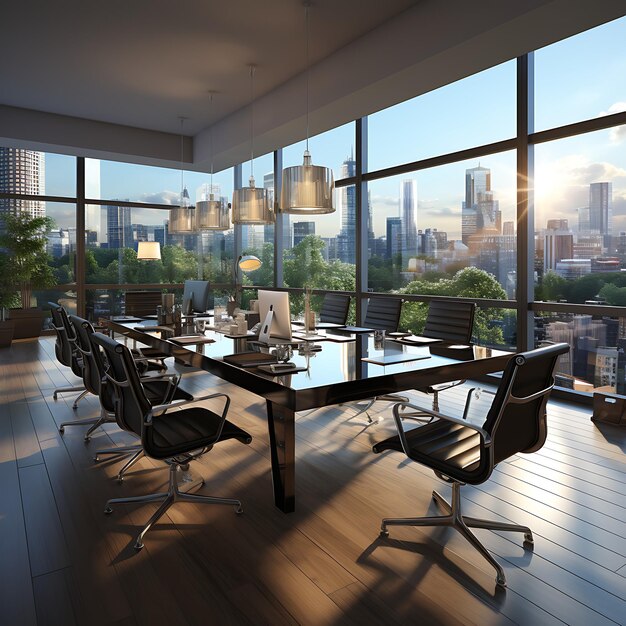 Modern office interior with wooden floor panoramic window and city view