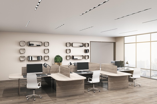 modern office interior with wooden furniture equipment window with city view and daylight coworking and workplace concept 3d rendering