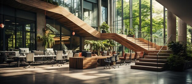 Modern office interior with wooden stairs and plants