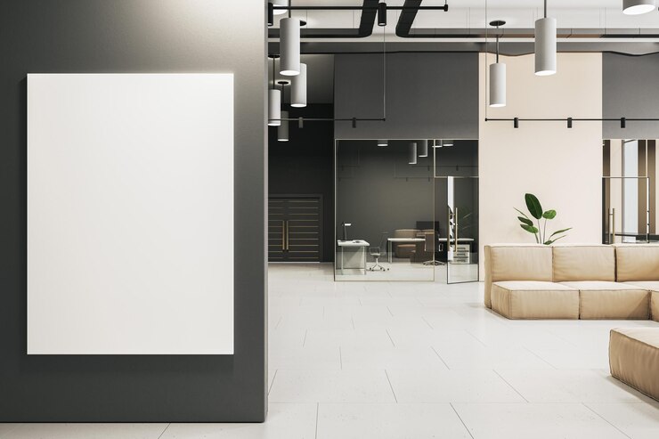 Photo modern office lobby interior with beige couch concrete flooring and white mock up banner on wall 3d rendering
