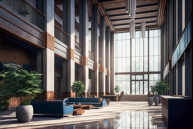 Modern office lobby with high ceilings large open space with furniture Generative AI