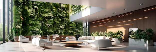 Modern office lobby with sleek furniture a living green wall and natural light Generative AI