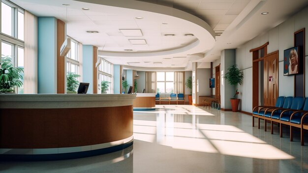 Foto lobby di ufficio moderno con poltrone bianche e grandi finestre