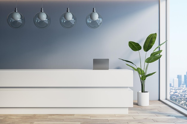modern office lobby with white reception desk and concrete walls window with city view and daylight 3d rendering