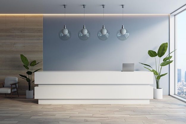 modern office lobby with white reception desk and concrete walls window with city view and daylight 3d rendering