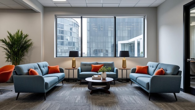 modern office lounge with stylish sofas and a city view at sunset