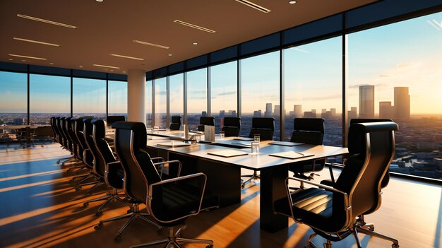 Foto sala riunioni di ufficio moderno sala riunioni aziendale vuota con vista sulla città e interni eleganti