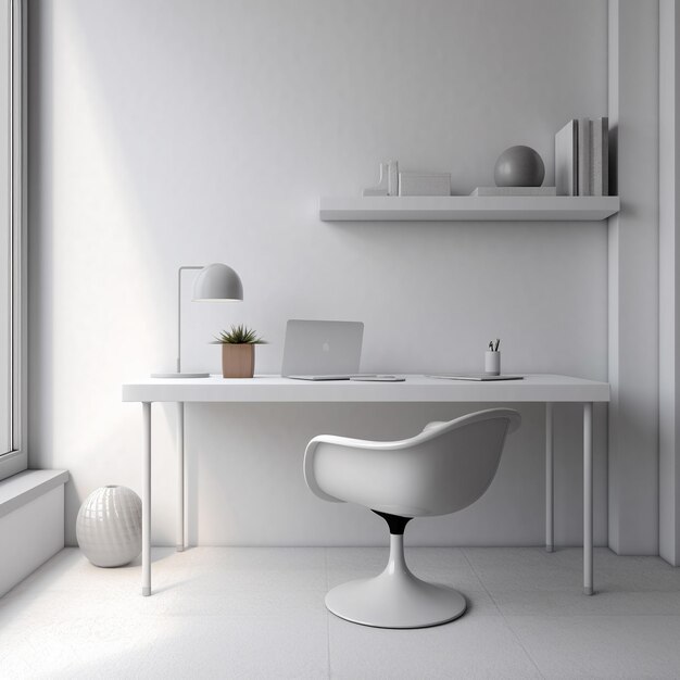 Foto moderno modello di ufficio interior design con computer su un tavolo pareti bianche foto leggera