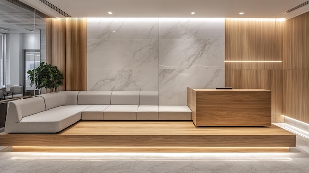 modern office reception area design featuring marble and wood