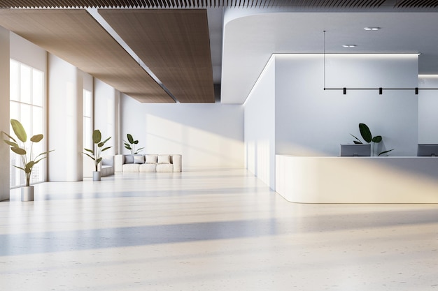 Modern office reception area with light interior minimalist design and plants near large windows Empty desk in background 3D Rendering