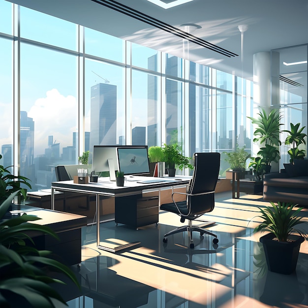 Modern Office room desk interior design illustration generated by AI