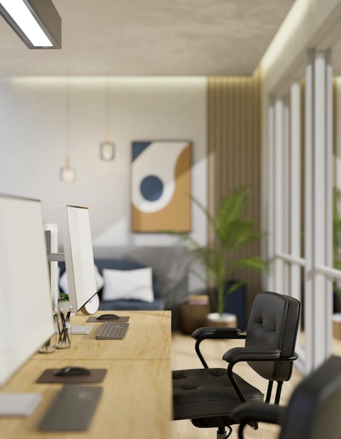 Foto interior design moderno della stanza dell'ufficio con le poltrone dell'ufficio del computer del pc