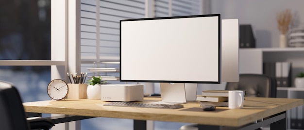 Modern office room interior design with a pc desktop computer mockup on the table