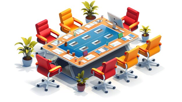 Modern Office Room with Interactive Touchscreen Conference Table 3D Flat Icon Representing Technol