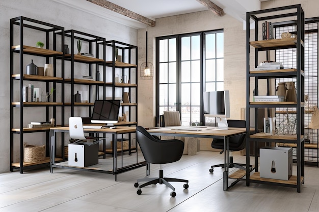 Modern office setting with industrial desks chairs and shelving created with generative ai