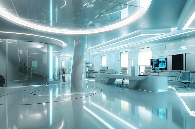 Photo a modern office space features a large circular mirror enhancing the futuristic design generative ai