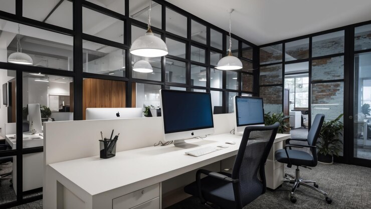 Photo a modern office space featuring sleek design and tech elements