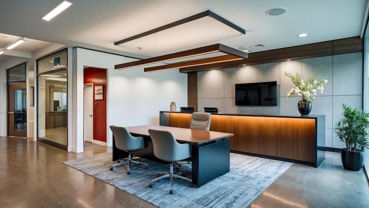 Photo modern office space featuring a stylish desk and lush plants