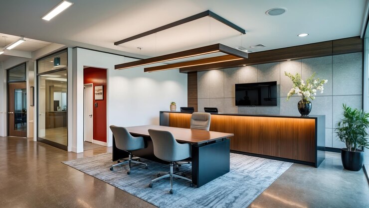 Photo modern office space featuring a stylish desk and lush plants