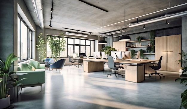 회색과 흰색 가구로 현대적인 사무실 공간이 표시됩니다.