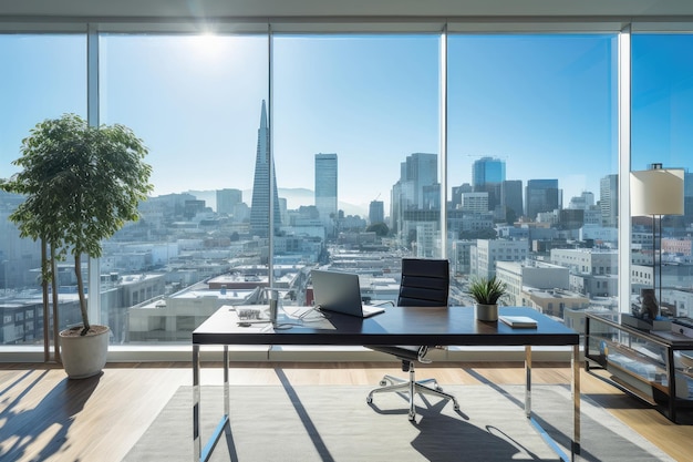 Photo modern office space overlooking bustling cityscape