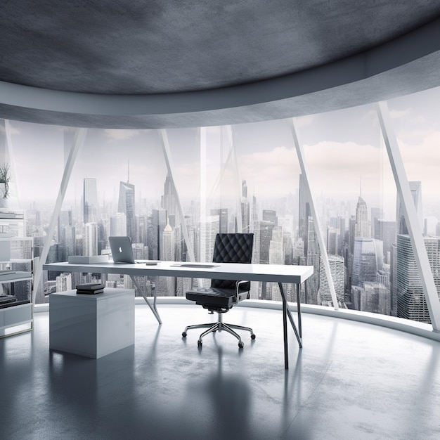 금융 비즈니스와 도시 생활의 교차점을 위한 도시 스카이라인이 있는 현대적인 사무 공간