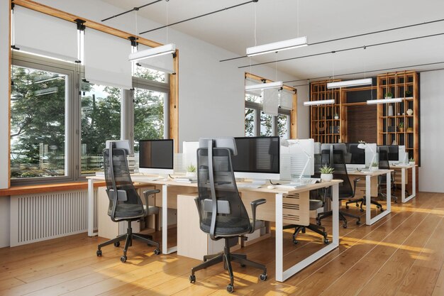 Modern office space with computers tables and office\
chairs