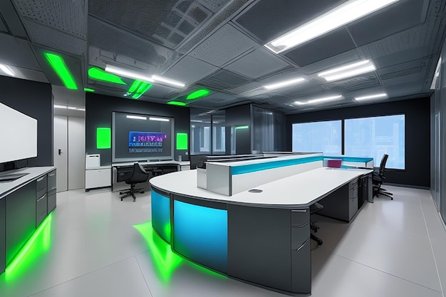 modern office space with desktops with modern computers created with generative ai technology