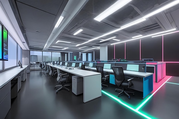 Современное офисное пространство с рабочими столами и современными компьютерами, созданными с помощью технологии генеративного искусственного интеллекта.