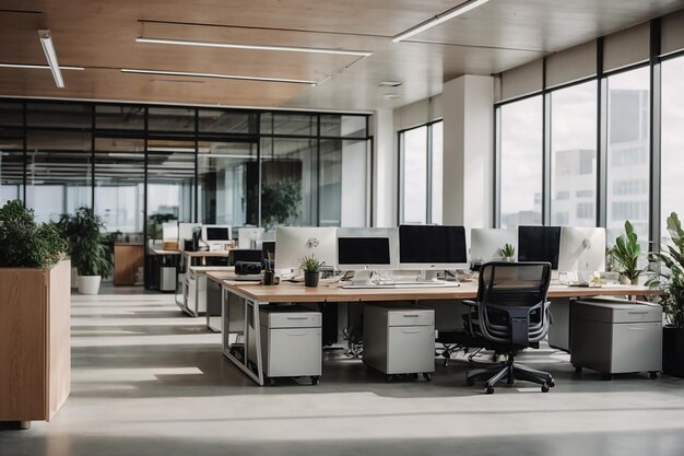 Modern office space with desktops with modern computers