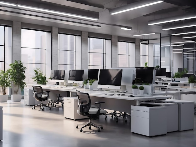 Modern office space with desktops with modern computers