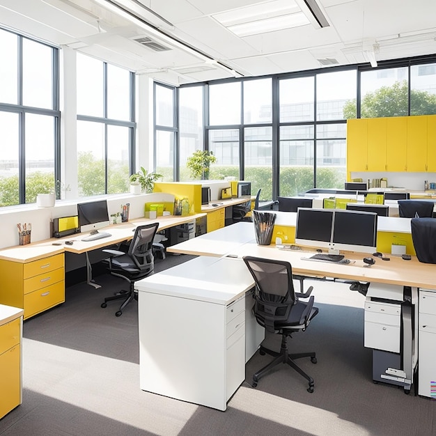 A modern office space with ergonomic desks generated by AI