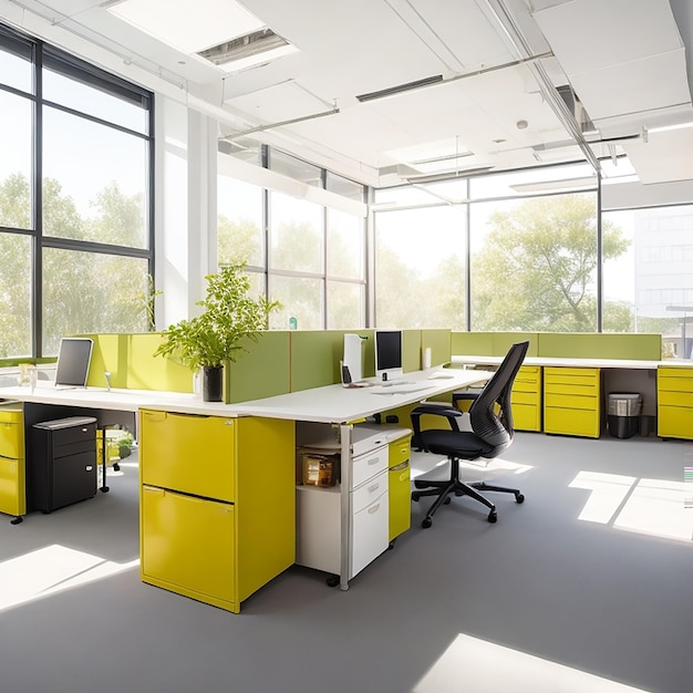 Современное офисное пространство с эргономическими столами, созданными искусственным интеллектом