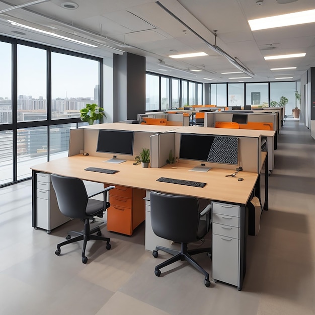 Современное офисное пространство с эргономичными столами, яркими акцентами и естественным освещением, генерируемым искусственным интеллектом.