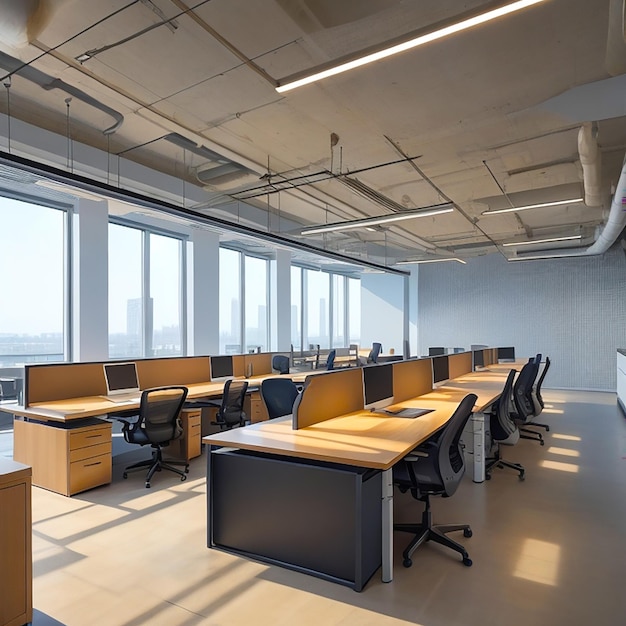 Современное офисное пространство с эргономичными столами, яркими акцентами и естественным освещением, генерируемым искусственным интеллектом.