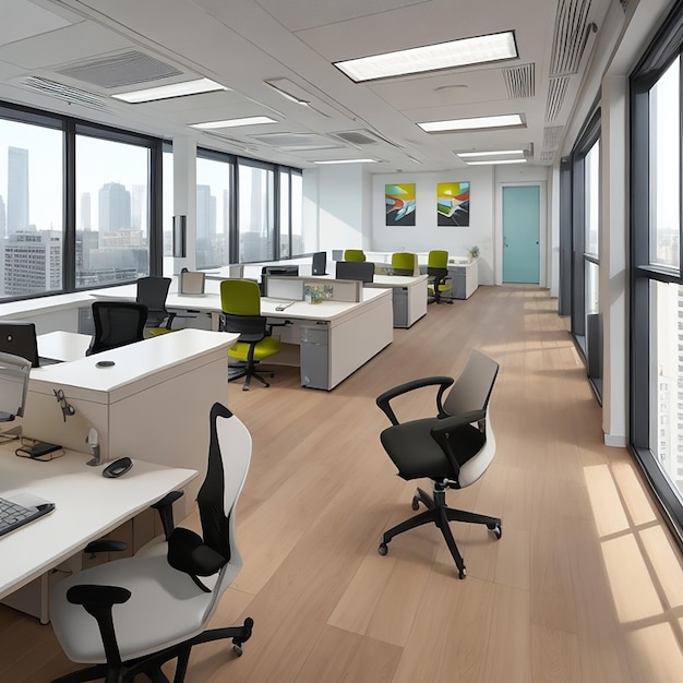 A modern office space with ergonomic desks vibrant accents and natural light generated by AI